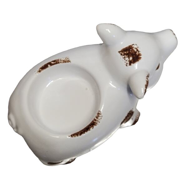 Pig Tealight Candle Holder White Brown 5.5" Ceramic Farmhouse Country Home Decor - Picture 5 of 7
